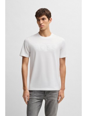 Erkek Kabartmalı Boss Yazı Kısa Kol Bisiklet Yaka Beyaz T-Shirt 50536796-100