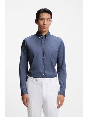 Boss Erkek Dar Kesim Pamuklu Logo Baskılı Uzun Kollu Mavi Gömlek 50556076-468