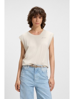 Boss Kadın Rahat Kalıp Yuvarlak Yakalı %100 Pamuk Düşük Omuzlu Kısa Kollu Bej T-Shirt 50545521-118