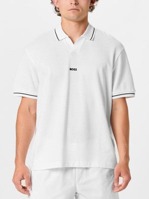 Boss Erkek File Desenli Pamuklu Logo Işlemeli Kısa Kollu Beyaz Polo Yaka T-Shirt 50544187-100