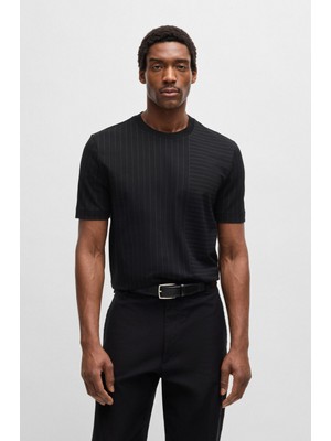 Boss Erkek Normal Kesim Yuvarlak Yaka %100 Pamuklu Karışık Ince Çizgili Kısa Kollu Siyah T-Shirt 50531315-001
