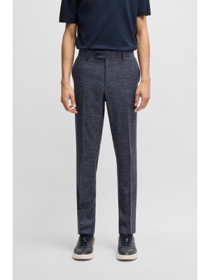Boss Erkek Dar Kesim Pileli Pamuk ve Yün Karışımlı Rahat Esneyebilen Kumaş Desenli Lacivert Pantolon 50535685-404