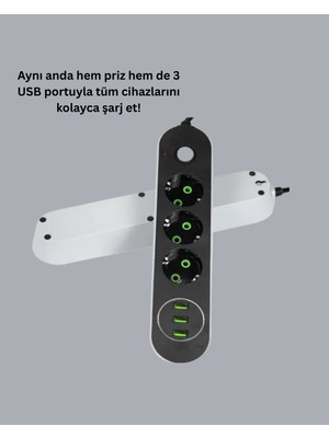 USB Yuvalı Anahtarlı Üçlü Priz 2 Metre Kablolu - Lisinya