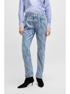 Boss Kadın Dokulu Eskitme Desenli Denim Yüksek Bel Slim Fit Mavi Jeans 50529986-416