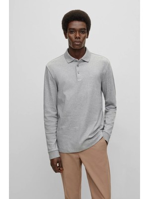 Boss Erkek Pamuklu Polo Yakalı Düğme Kapamalı Uzun Kollu Gri Polo Yaka T-Shirt 50468392-041