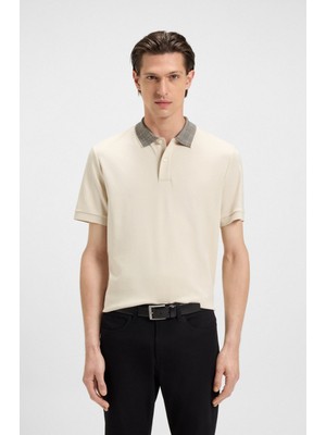 Boss Erkek Regular Fit Yakası Kontrast Renk Geçişli Pamuklu Kısa Kollu Ekru Polo Yaka T-Shirt 50545487-131