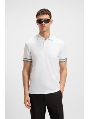 Boss Erkek Dar Kalıp Kolları Şerit Detaylı Pamuklu Kısa Kollu Beyaz Polo Yaka T-Shirt 50544448-100