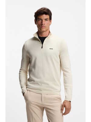 Boss Erkek Regular Fit Fermuarlı Dik Yaka %100 Pamuklu Uzun Kollu Bej Kazak 50541965-131