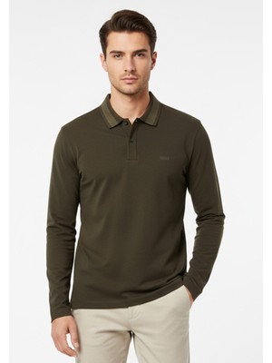 Boss Erkek Normal Kalıp Logo Işlemeli %100 Pamuklu Uzun Kollu Haki Polo Yaka T-Shirt 50549257-342
