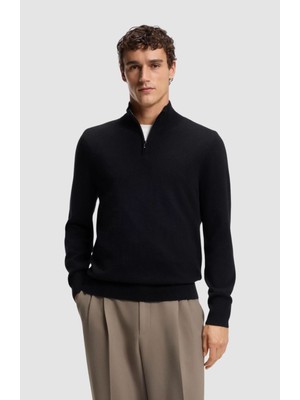 Boss Erkek Normal Kalıp Yün-Kaşmir Karışımlı Yarım Fermuarlı Dik Yakalı Siyah Kazak 50549984-001