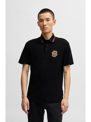 Boss Erkek Regular Fit Monogram Logolu Yaka Detaylı Pamuklu Kısa Kollu Siyah Polo Yaka T-Shirt 50532961-001