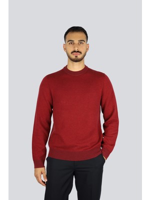 Boss Erkek Normal Kalıp Ribanalı Yuvarlak Yaka Saf Yün ve Pamuk Karışımlı Uzun Kollu Bordo Kazak 50549986-602