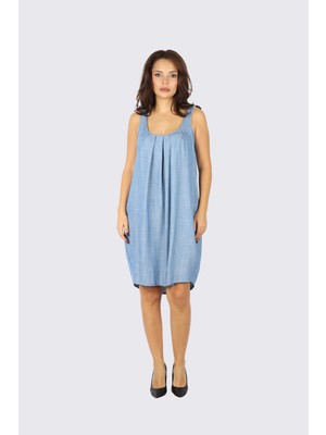Ysatiss Kadın Rahat Kalıp Yuvarlak Yakalı Askılı Mavi Elbise 2525.4000157-TYPE