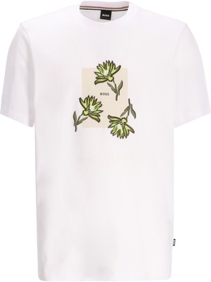 Boss Erkek Kısa Kol Bisiklet Yaka Çiçek Desenli Pamuklu Beyaz T-Shirt 50536763-100