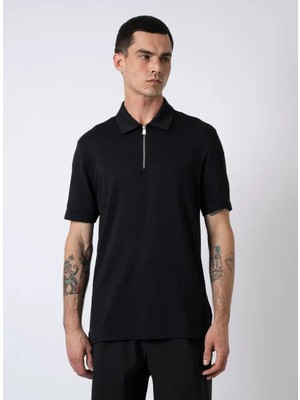 Boss Erkek Regular Fit Pike Dokuma Kumaş Kısa Kollu Yarım Fermuarlı Siyah Polo Yaka T-Shirt 50544091-001