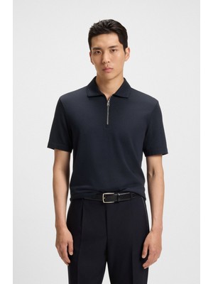 Boss Erkek Regular Fit Pike Dokuma Kumaş Kısa Kollu Yarım Fermuarlı Lacivert Polo Yaka T-Shirt 50544091-404