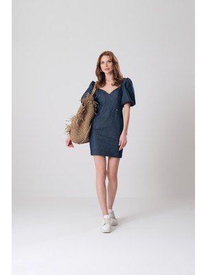Explosion Kadın Degaje Yaka Kısa Kol Kısa Günlük Lacivert1 Elbise EXP57654-INDIGO