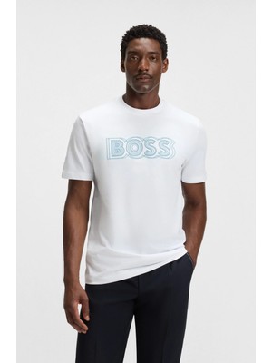 Erkek Boss Yazı Detay Bisiklet Yaka Kısa Kol Pamuklu Beyaz T-Shirt 50543916-100