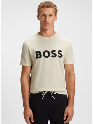 Boss Erkek %100 Pamuklu Yuvarlak Ribana Yakalı Logo Baskılı Kısa Kollu Bej T-Shirt 50548411-131