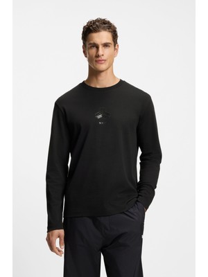 Boss Erkek Rahat Kalıp Yuvarlak Yakalı Interlok Pamuklu Logo Dokulu Uzun Kollu Siyah T-Shirt 50549414-001