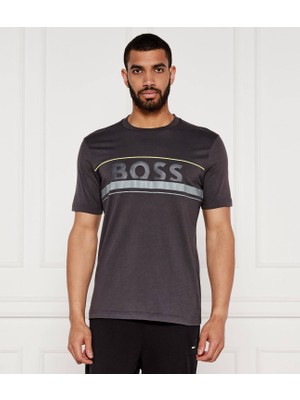 Boss Erkek Regular Fit Yuvarlak Yakalı Çizgili ve Logolu Kısa Kollu Gri T-Shirt 50550113-027