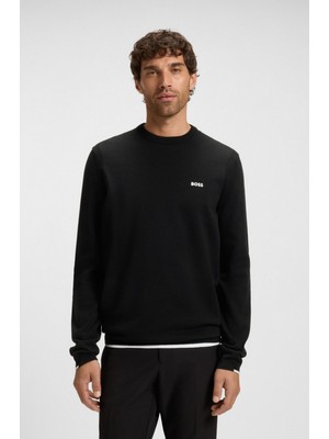 Boss Erkek Yuvarlak Ribana Yakalı Pamuklu Normal Kalıp  Uzun Kollu Siyah Kazak 50541940-001