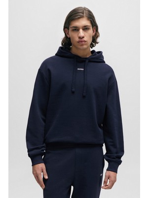Hugo Erkek Kapüşonlu Yakalı Gögüs Ortasında Kontras Logolu Lacivert Sweatshirt 50486478-405