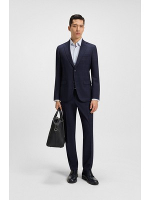 Boss Erkek Saf Yünlü Kırışmayan Kareli Kumaş Dar Kesim Lacivert Takım Elbise 50546092-404