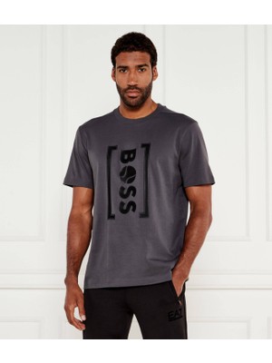 Erkek Bisiklet Yaka Boss Yazı Desen Kısa Kol Rahat Kesim Gri T-Shirt 50543905-027