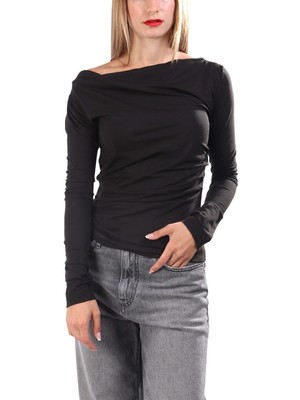 Boss Kadın Kayık Yaka Uzun Kol Slim Fit Büzgülü Siyah Bluz 50543460-001