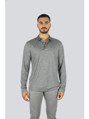 Boss Erkek Normal Kalıp Uzun Kollu %100 Yün Triko Gri Polo Yaka T-Shirt 50549317-030