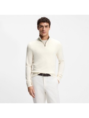 Boss Erkek Normal Kalıp Yün-Kaşmir Karışımlı Yarım Fermuarlı Dik Yakalı Ekru Kazak 50549984-131