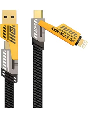 65W 4'ü 1 Arada Çoklu Şarj Kablosu - Usb-C, Usb-A, Lightning, Veri ve Şarj Desteği - Lisinya
