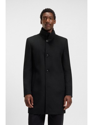 Boss Erkek Dik Yaka Uzun Kol Düğme Kapama Cep Detay Siyah Kaban 50551078-001