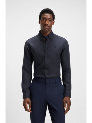 Boss Erkek Uzun Kol Ince Ferah Düz Kumaş Düğme Kapama Gömlek Yaka Lacivert Gömlek 50545218-404