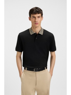 Boss Erkek Regular Fit Yakası Kontrast Renk Geçişli Pamuklu Kısa Kollu Siyah Polo Yaka T-Shirt 50545487-001