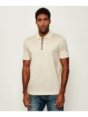 Boss Erkek %100 Merserize Pamuklu Normal Kalıp Kısa Kollu Yarım Fermuarlı Ekru Polo Yaka T-Shirt 50543880-131