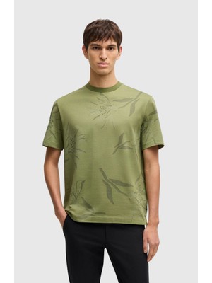 Boss Erkek Yuvarlak Yaka Kısa Kollu Pamuklu Desenli Haki T-Shirt 50536757-311