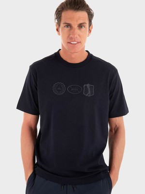 Boss Erkek Normal Kalıp Yuvarlak Yakalı Pamuklu Desenli Kısa Kollu Lacivert T-Shirt 50543874-402