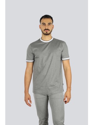 Boss Erkek Bisiklet Renk Detaylı Yaka Dar Kesim Kısa Kol Gri T-Shirt 50543858-030