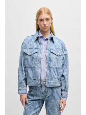 Boss Kadın Eskitme Desenli Cep Detaylı Fermuar Kapamalı Denim Bomber Mavi Ceket 50529985-416