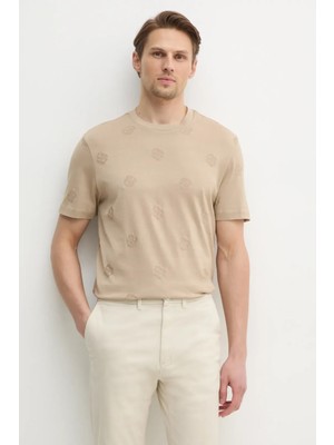 Boss Erkek Regular Fit Yuvarlak Yaka Monogram Logo Işlemeli %100 Pamuklu Kısa Kollu Bej T-Shirt 50532753-275