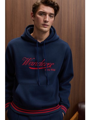 Grimelange Phantoseas Erkek Kapüşonlu Önü Nakışlı Etek ve Kol Triko Detaylı Lacivert Sweatshirt