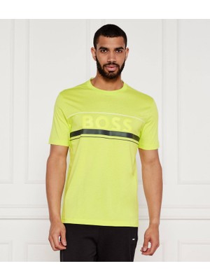 Boss Erkek Regular Fit Yuvarlak Yakalı Çizgili ve Logolu Kısa Kollu Yeşil T-Shirt 50550113-337