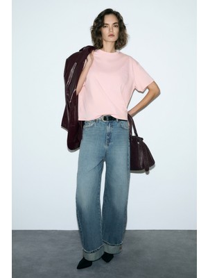 Grimelange Tılorıa Kadın Organik Pamuklu Baskılı Bisiklet Yaka Regular Fit Somon T-Shirt