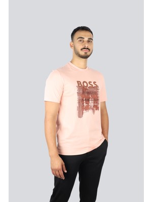 Erkek Boss Yazı Detay Bisiklet Yaka Kısa Kol Pamuklu Pembe T-Shirt 50543916-683