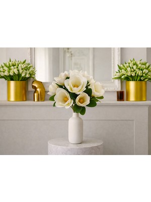 Madame Nazar Üstün Kalite Gerçekçi Manolya Islak Dokulu Yapay Çiçek–1 Demet 7'LI-40CM (Beyaz) Solmaz,salon Dekoru