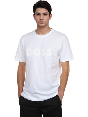 Boss Erkek %100 Pamuklu Yuvarlak Ribana Yakalı Logo Baskılı Kısa Kollu Beyaz T-Shirt 50548411-100