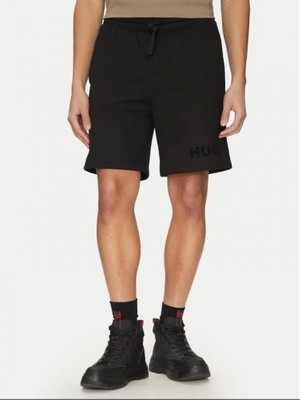 Erkek Bel Lastikli Kısa Boy Hugo Yazı Desenli Dokuma Siyah Şort 50535260-001