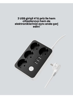 3 USB Çıkışlı 4 Lü Akıllı Priz 2500W 2 Metre Kablo - Lisinya